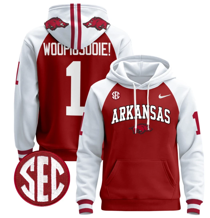 Woo Pig Sooie Hoodie #1 Arkansas Razorbacks Pullover Black White by Hoodie Pullover