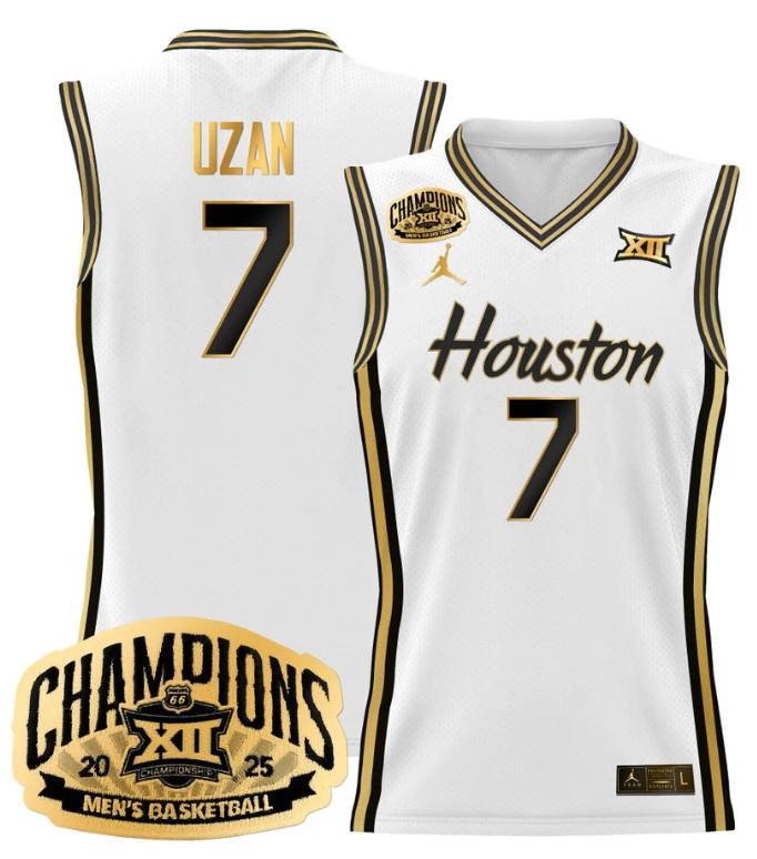 Men Milos Uzan Jersey #7 Houston Cougar 2025 Big 12 Champions White Gold by My store basketball