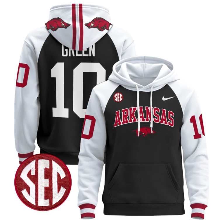 Taylen Green Hoodie #10 Arkansas Razorbacks Pullover Black Alternate by Hoodie Pullover