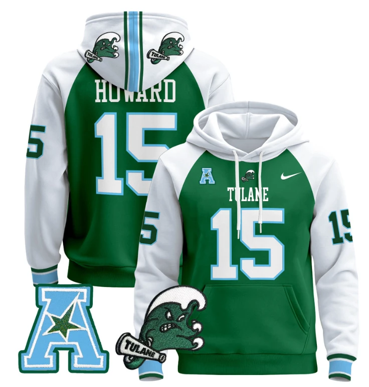 Sam Howard Hoodie #15 Tulane Green Wave Pullover Stitched Blue Alternate by Hoodie Pullover