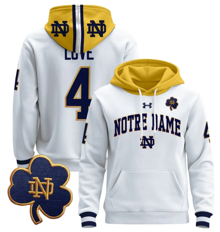 Men's Jeremiyah Love Hoodie #4 Notre Dame Fighting Irish Pullover by Hoodie Pullover