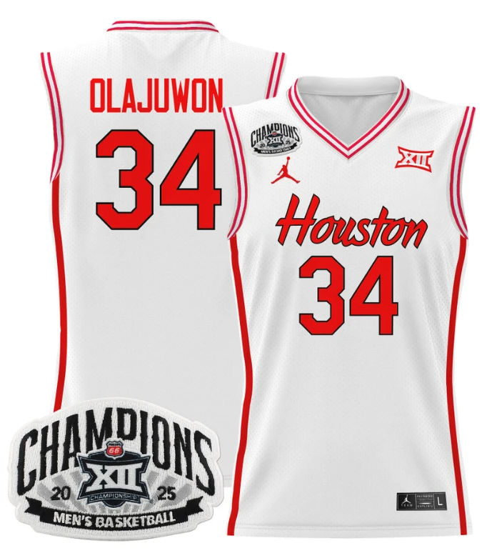 Men Hakeem Olajuwon Jersey #34 Houston Cougar 2025 Big 12 Champions White by My store basketball