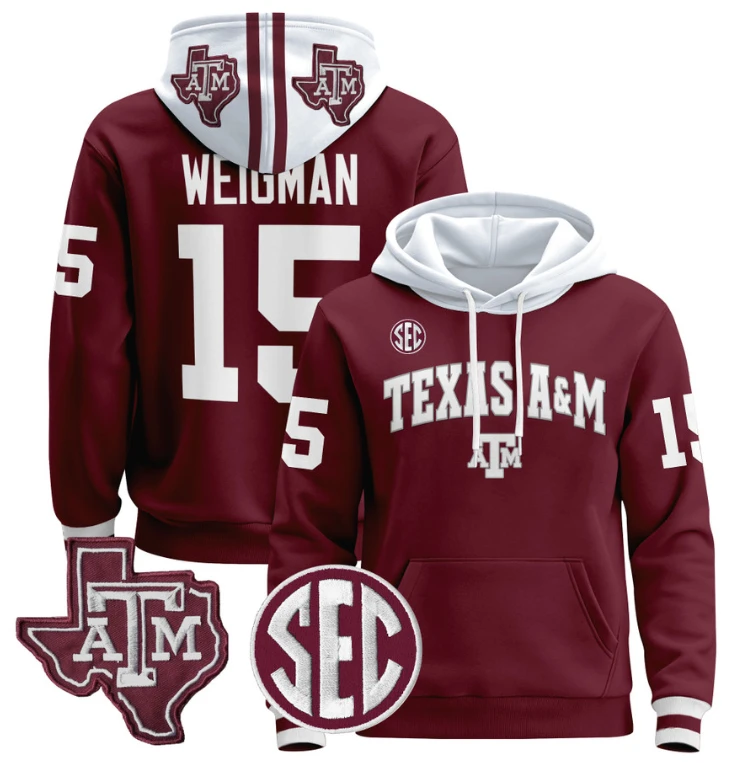 Conner Weigman Hoodie #15 Texas A&M Aggies Pullover Stitched Black by Hoodie Pullover