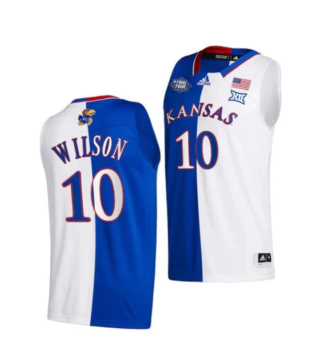 Men's #10 Jalen Wilson Jersey Kansas Jayhawks College Basketball Jerseys White Royal Split 2022 by My store basketball