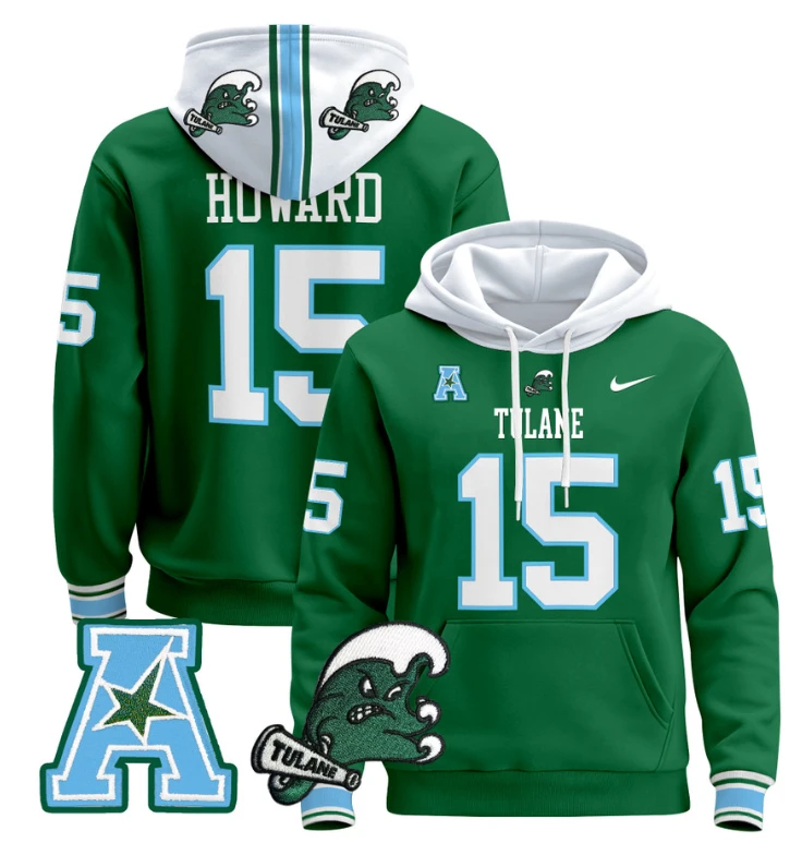 Sam Howard Hoodie #15 Tulane Green Wave Pullover Stitched Blue Alternate by Hoodie Pullover