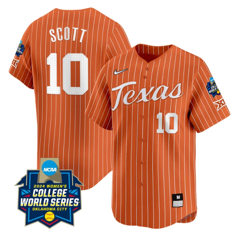 Mia Scott Jersey #10 Texas AM Aggies 2024 College World Series Patch Vapor Premier Limited NCAA Baseball Stitched Pinstripe Orange by My Store