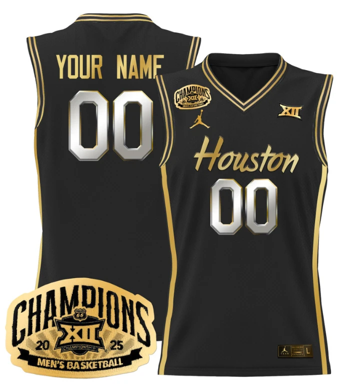 Men Custom Houston Cougar Jersey 2025 Big 12 Tournament Champions Black Gold by My store basketball