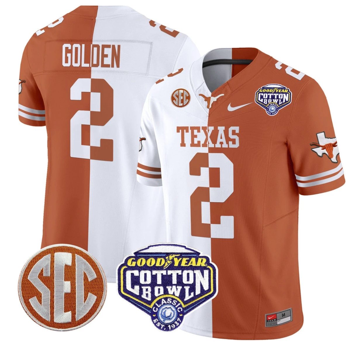 Matthew Golden Jersey #2 Texas Longhorns Cotton Bowl Patch Stitched Split by NCAA Football Jersey