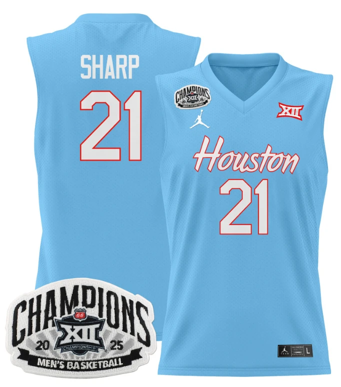 Men Emanuel Sharp Jersey #21 Houston Cougar 2025 Big 12 Champions Blue by My store basketball