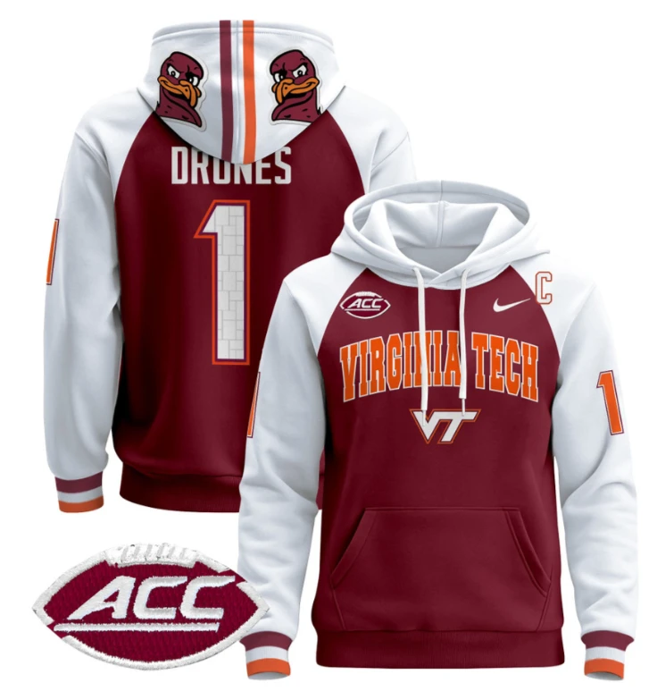Kyron Drones Hoodie #1 Virginia Tech Hokies Pullover by Hoodie Pullover