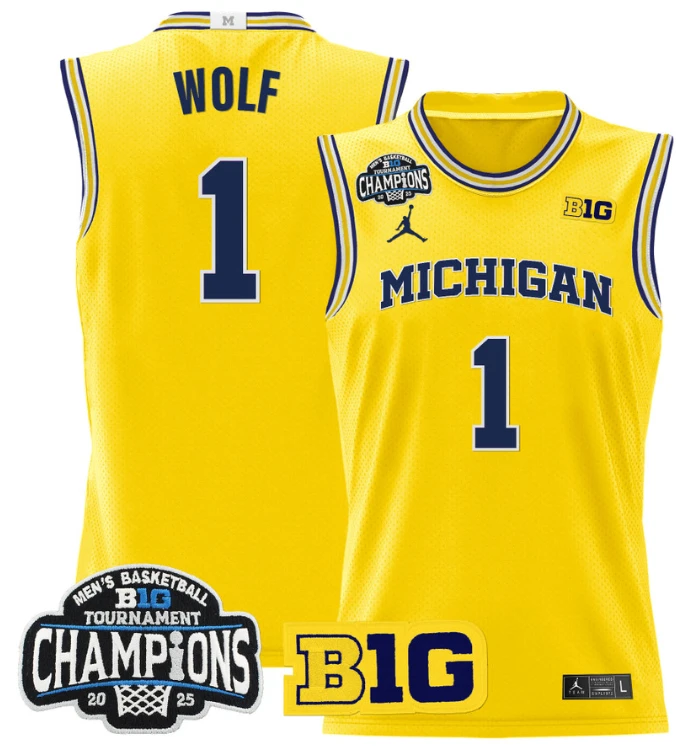 Men Danny Wolf Jersey #1 Michigan Wolverines 2025 Big Ten Champions Maize by My store basketball