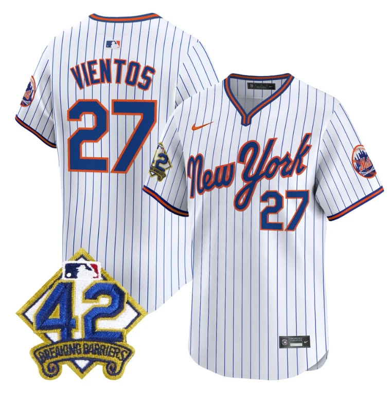 Mark Vientos Jersey #27 New York Mets 2025 Jackie Robinson Patch Road Alternate Stitched Pinstripe by My Store