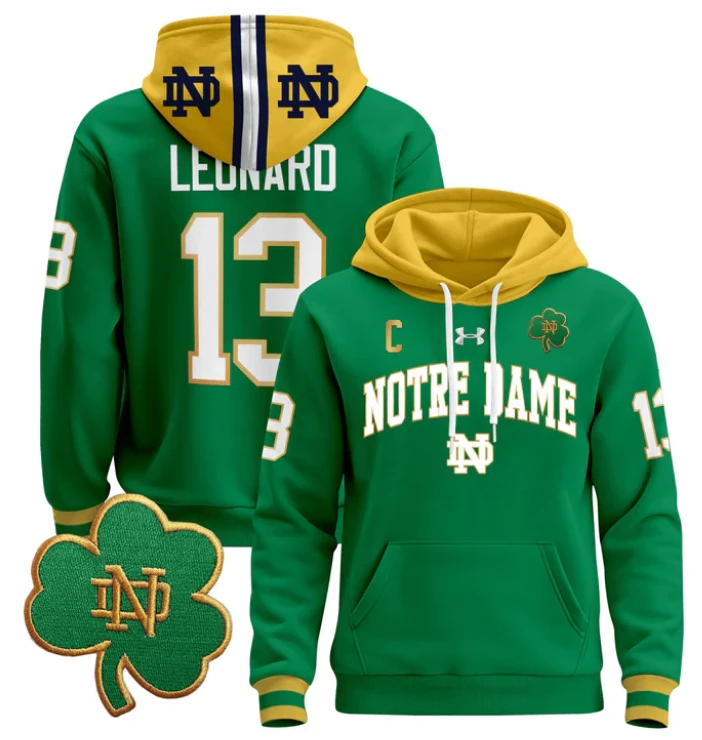 Men's Riley Leonard Hoodie #13 Notre Dame Fighting Irish Pullover by Hoodie Pullover