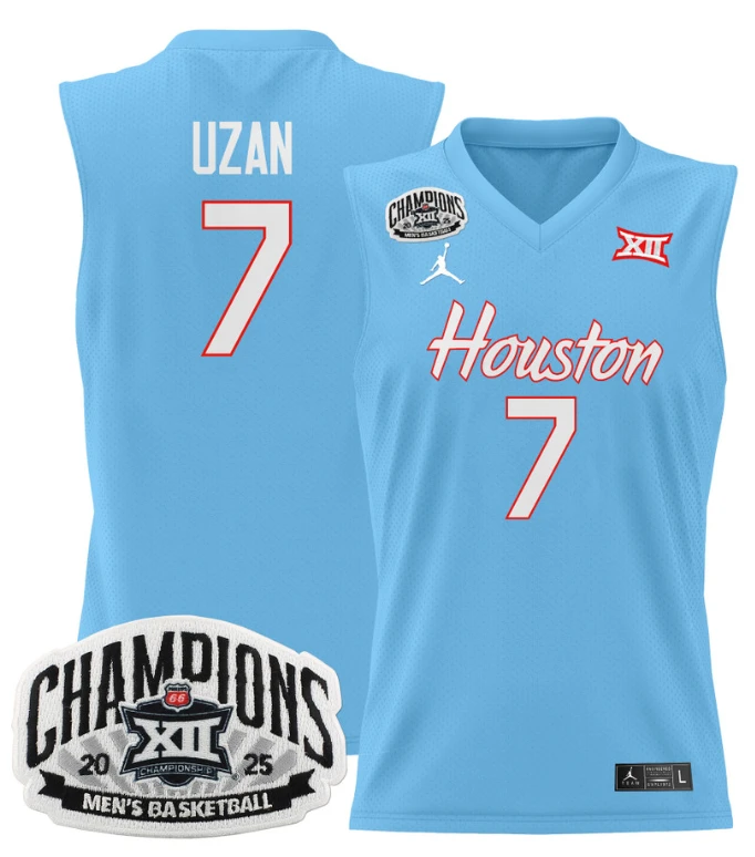 Men Milos Uzan Jersey #7 Houston Cougar 2025 Big 12 Champions Stitched Blue by My store basketball