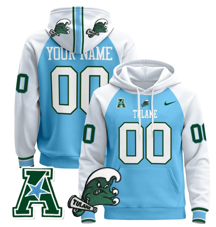 Custom Tulane Green Wave Hoodie Name, Number Pullover Blue Alternate by Hoodie Pullover