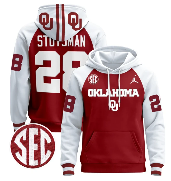 Men's Danny Stutsman Hoodie #28 Oklahoma Sooners 2024 Pullover by Hoodie Pullover