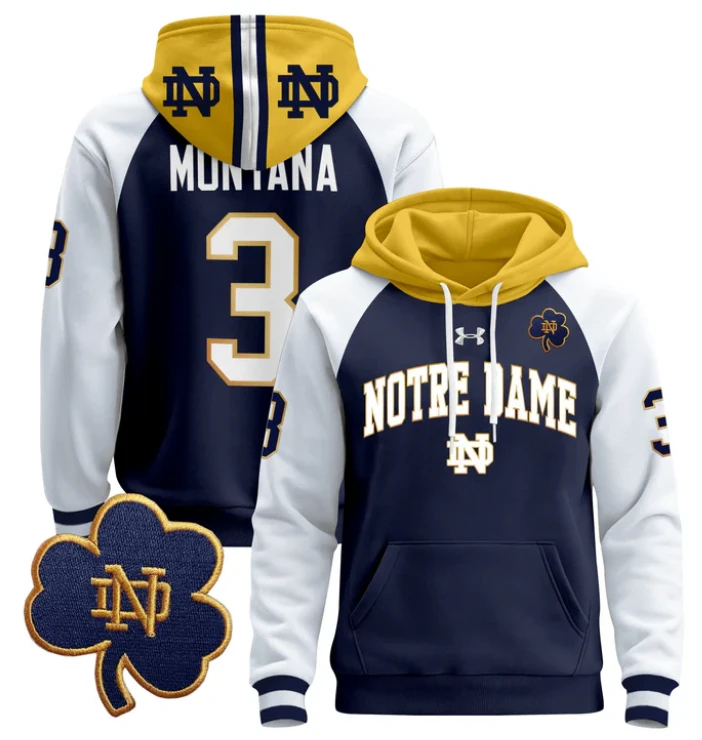 Men's Joe Montana Hoodie #3 Notre Dame Pullover Stitched by Hoodie Pullover