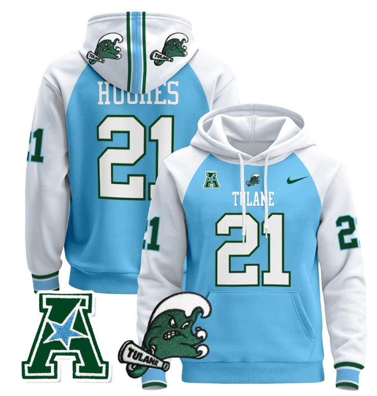 Makhi Hughes Hoodie #21 Tulane Green Wave Pullover Blue Alternate by Hoodie Pullover