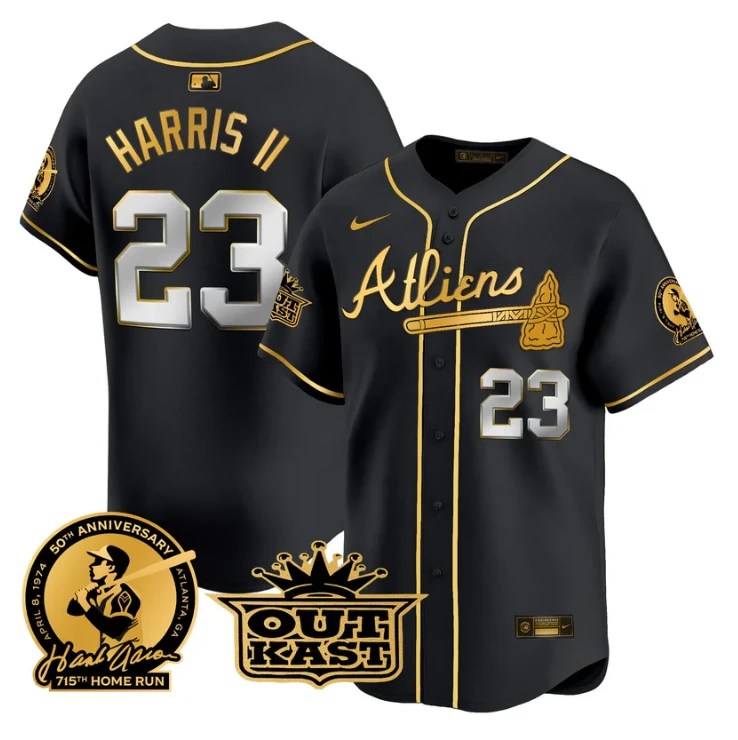 Michael Harris II Jersey #23 Atlanta Braves Atliens Hank Aaron Patch Limited Stitched Black Gold by My Store