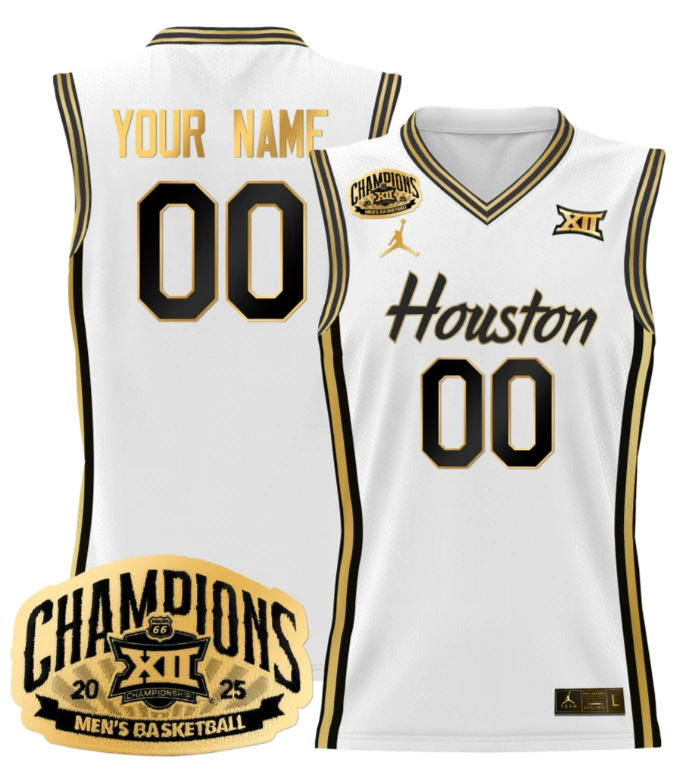 Men Custom Houston Cougar Jersey 2025 Big 12 Tournament Champions White Gold by My store basketball