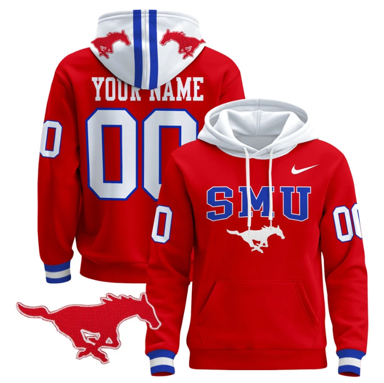 Men's Custom SMU Mustangs Hoodie 2024 Pullover V2 Stitched by Hoodie Pullover