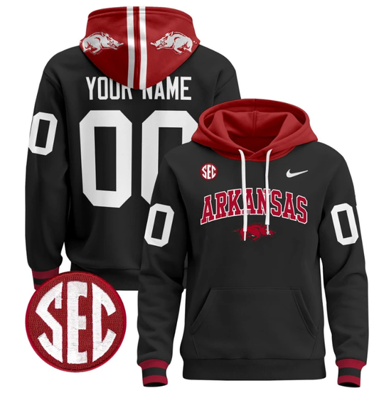 Custom Arkansas Razorbacks Hoodie Name, Number Pullover Black Alternate by Hoodie Pullover