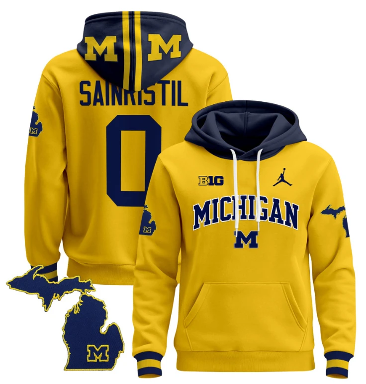 Mike Sainristil Hoodie #0 Michigan Wolverines 2024 Pullover V2 Maize Alternate by Hoodie Pullover