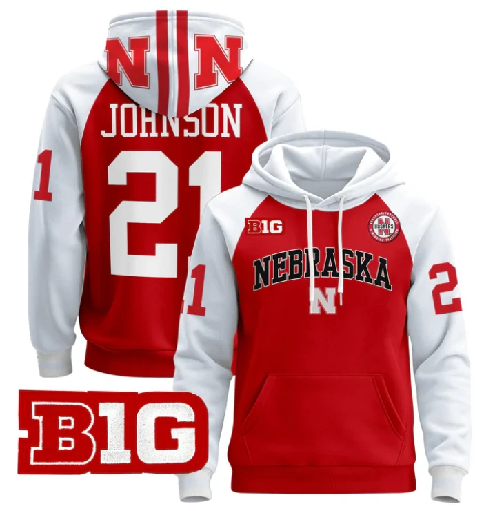 Men's Emmett Johnson Hoodie #21 Nebraska Cornhuskers 2024 Pullover by Hoodie Pullover