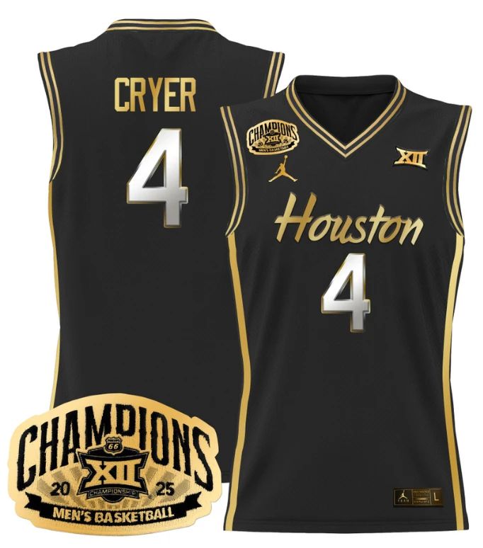 Men L.J. Cryer Jersey #4 Houston Cougar 2025 Big 12 Champions Black Gold by My store basketball