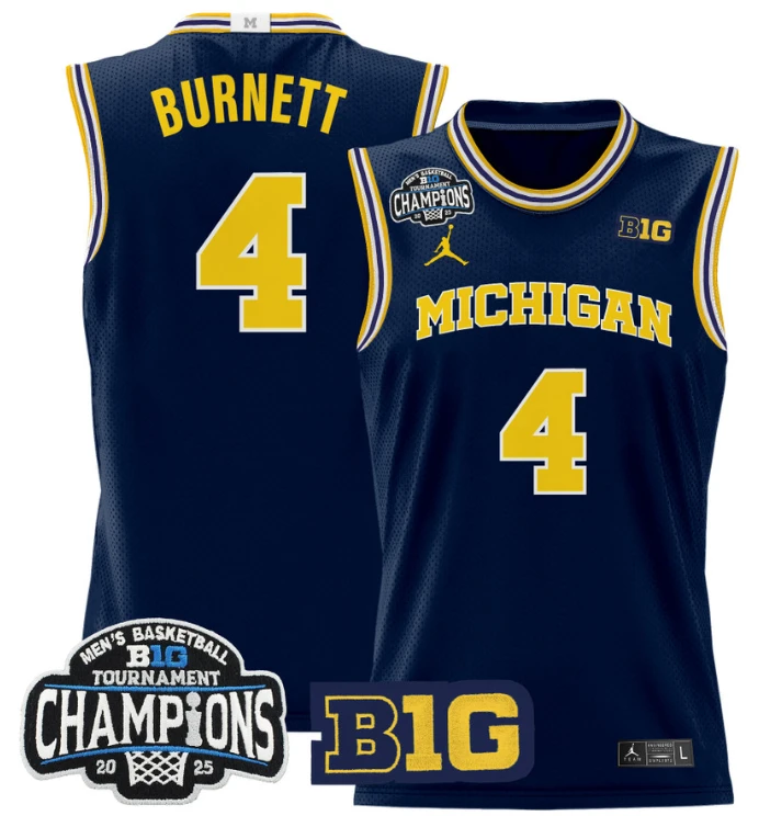 Men Nimari Burnett Jersey #4 Michigan Wolverines 2025 Big Ten Champions Navy by My store basketball