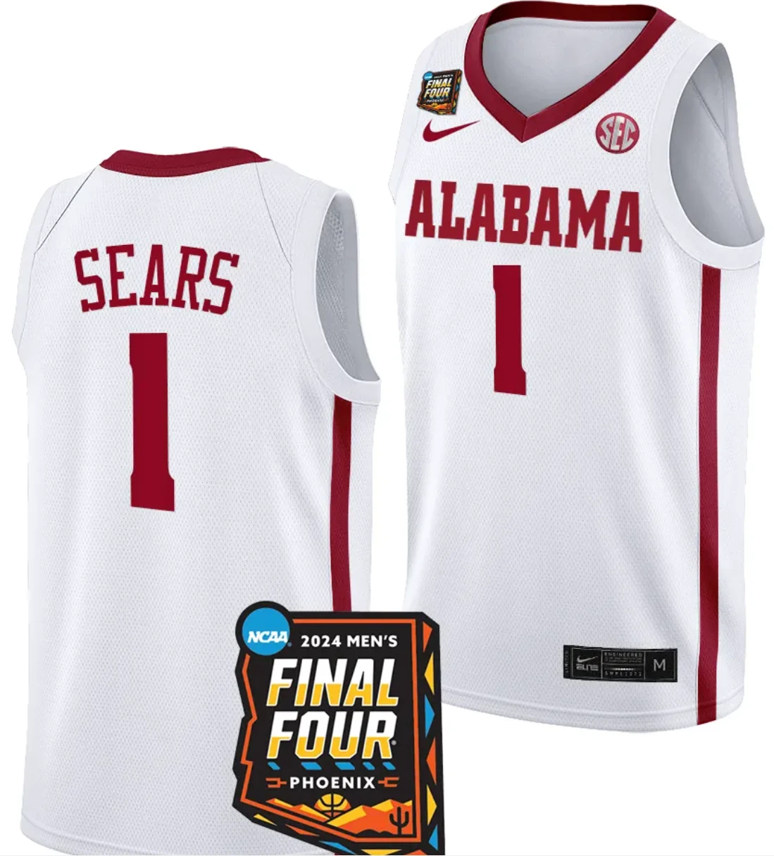 Mark Sears Jersey #1 Alabama Crimson Tide 2024 NCAA March Madness Final Four Basketball White by My store basketball