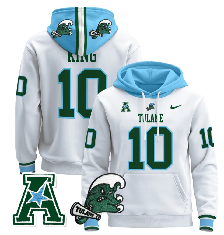 Shaun King Hoodie #10 Tulane Green Wave Pullover Stitched Blue Alternate by Hoodie Pullover