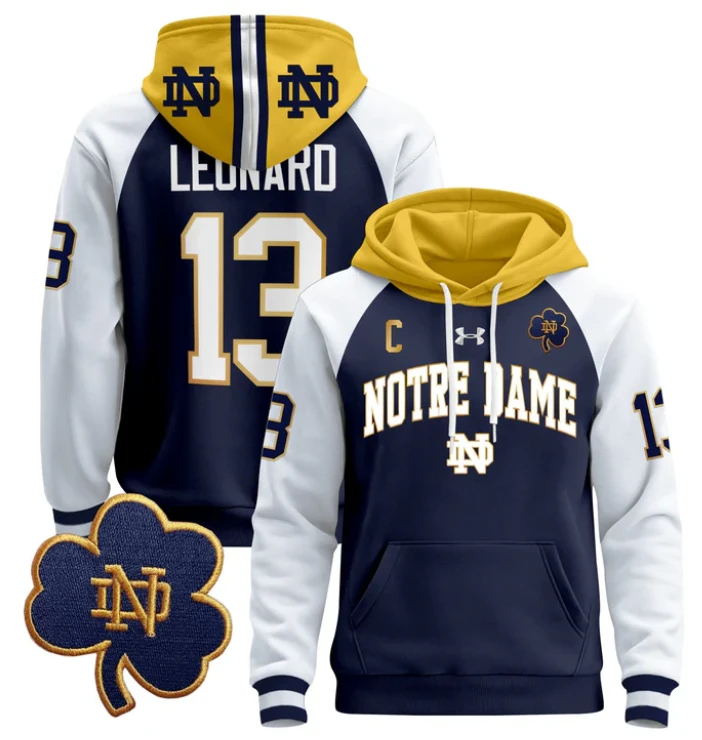 Men's Riley Leonard Hoodie #13 Notre Dame Fighting Irish Pullover by Hoodie Pullover