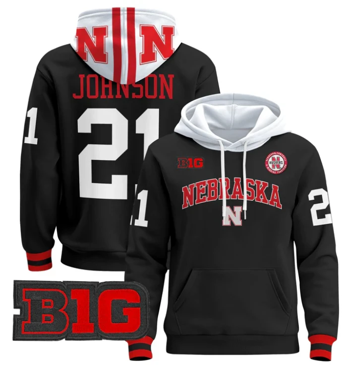 Men's Emmett Johnson Hoodie #21 Nebraska Cornhuskers 2024 Pullover by Hoodie Pullover