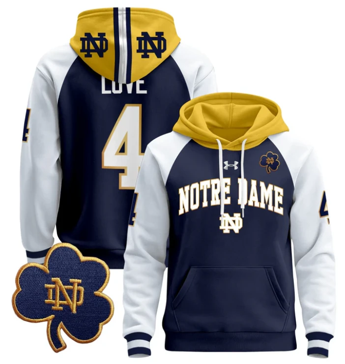 Men's Jeremiyah Love Hoodie #4 Notre Dame Fighting Irish Pullover by Hoodie Pullover