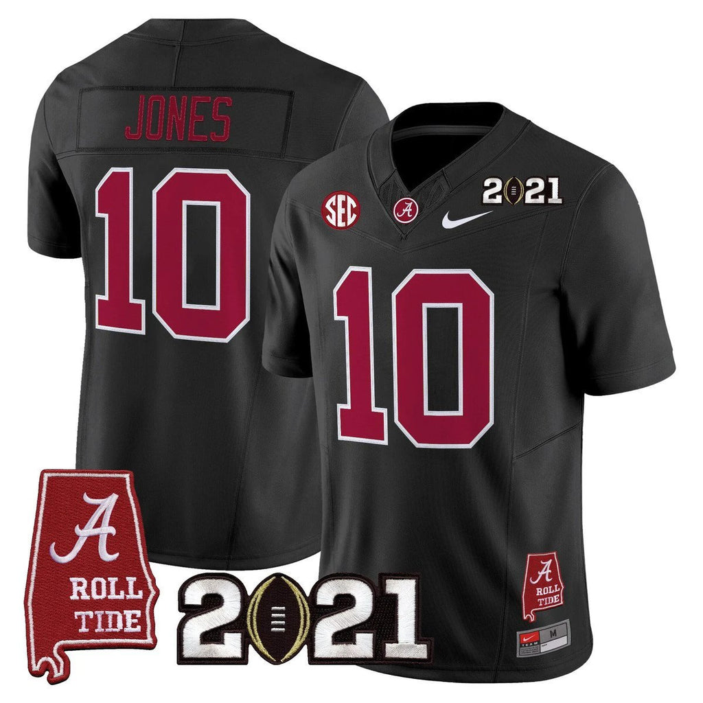 Mac Jones Jersey #10 Alabama 2021 CFP Championship Alabama Map Black by My Store NCAA Football Jerseys