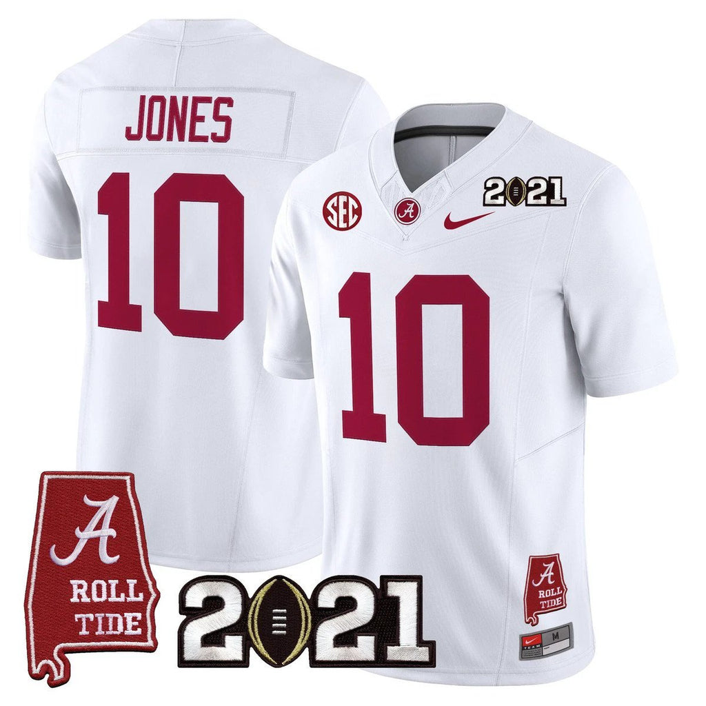 Mac Jones Jersey #10 Alabama 2021 CFP Championship Alabama Map White by My Store NCAA Football Jerseys