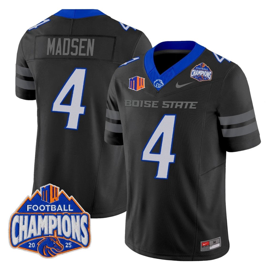 Maddux Madsen Jersey #4 Boise State Broncos 2025 Mountain West Champions Black by NCAA Football Jersey