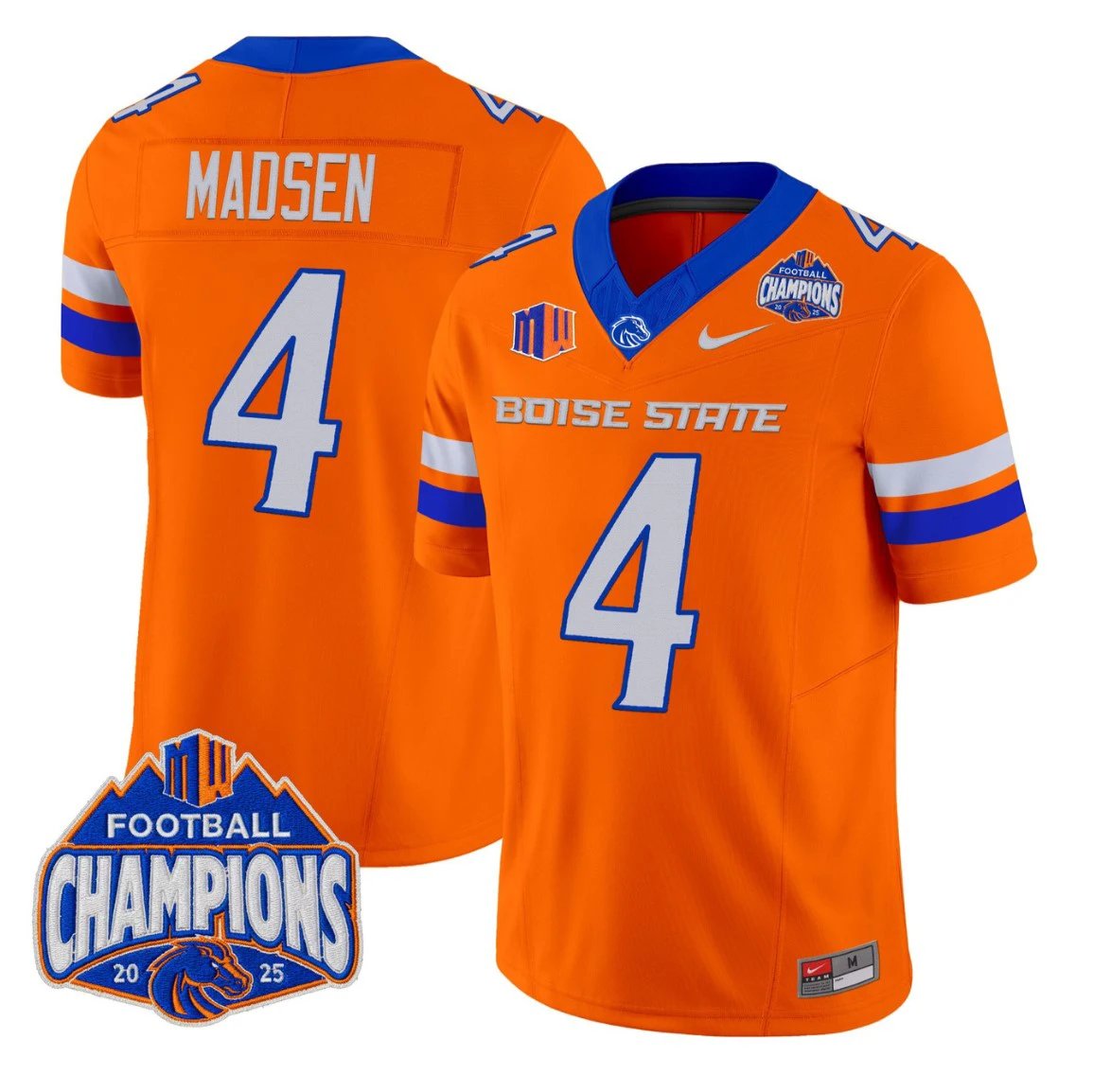Maddux Madsen Jersey #4 Boise State Broncos 2025 Mountain West Champions Orange by NCAA Football Jersey