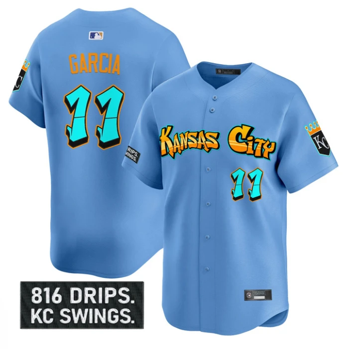 Maikel Garcia Jersey #11 Kansas City Royals Graffiti Crown Drop Stitched Blue by My Store