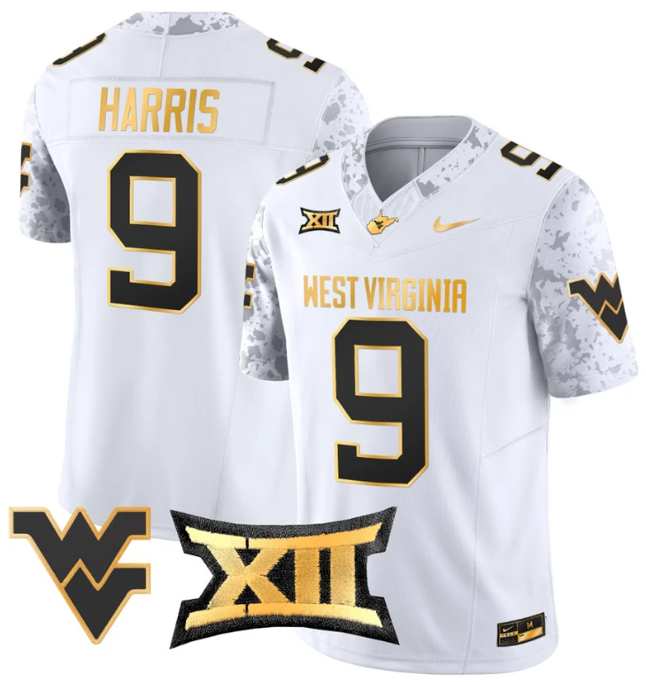 Major Harris Jersey #9 West Virginia Mountaineers Gold Vapor Football White Gold by My Store