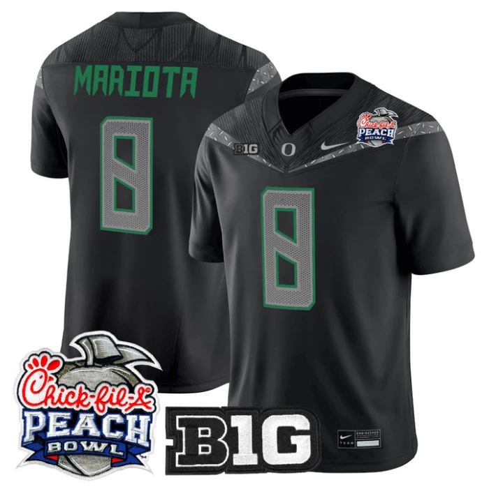 Marcus Mariota Jersey #8 Oregon Ducks 2026 Peach Bowl Patch Stitched Black by NCAA Football Jersey