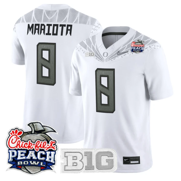 Marcus Mariota Jersey #8 Oregon Ducks 2026 Peach Bowl Patch Stitched White by NCAA Football Jersey