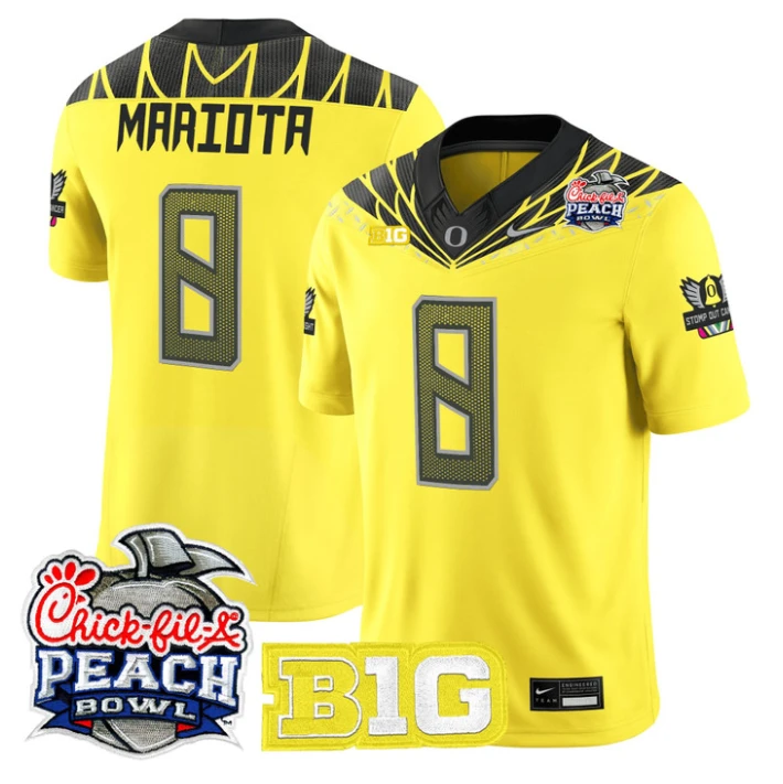 Marcus Mariota Jersey #8 Oregon Ducks 2026 Peach Bowl Patch Stitched Yellow by NCAA Football Jersey