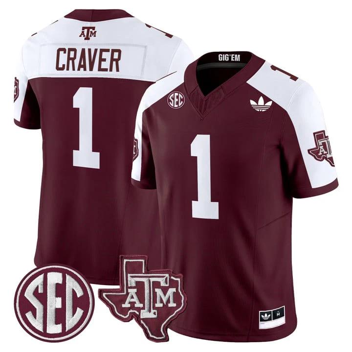 Mario Craver Jersey #1 Texas A&M Aggies 2025 Vapor V2 Stitched Maroon Alternate by NCAA Football Jersey