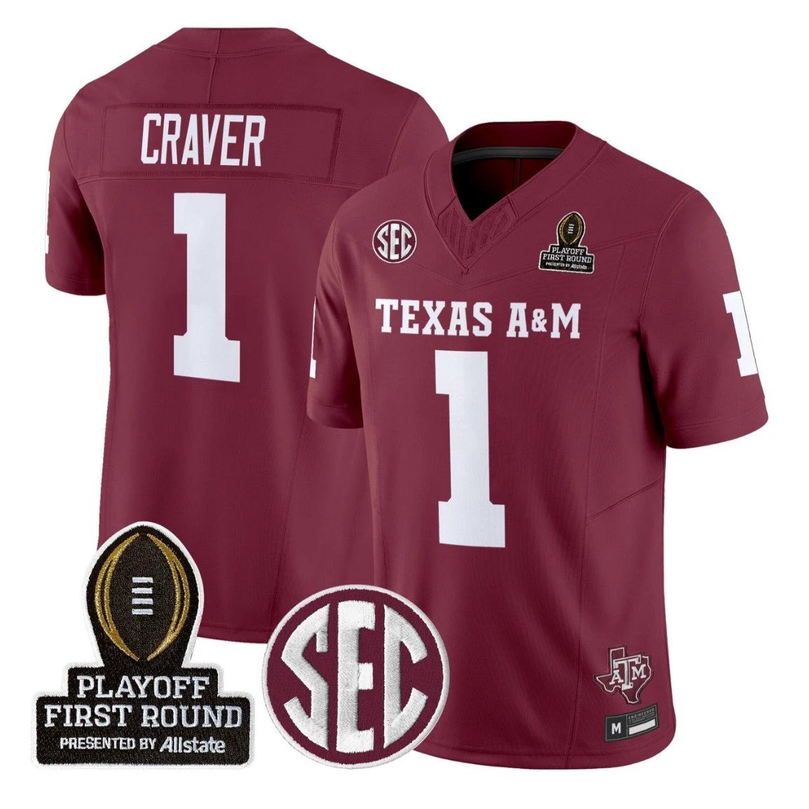 Mario Craver Jersey #1 Texas A&M Aggies 2025 Playoff First Round Stitched by My Store NCAA Football Jerseys
