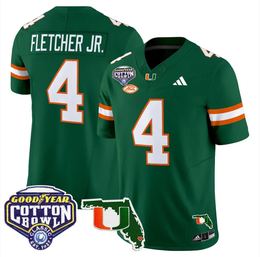 Mark Fletcher Jr Jersey #4 Miami Hurricanes 2025 Cotton Bowl Florida Green by NCAA Football Jersey