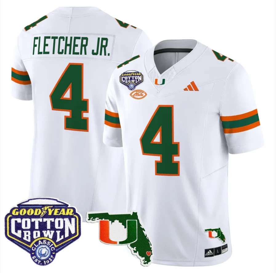 Mark Fletcher Jr Jersey #4 Miami Hurricanes 2025 Cotton Bowl Florida White by NCAA Football Jersey