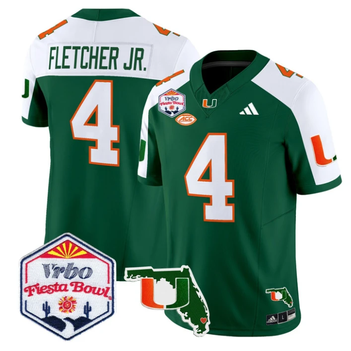 Mark Fletcher Jr Jersey #4 Miami Hurricanes 2026 Fiesta Bowl Florida Green Alternate by My Store NCAA Football Jerseys