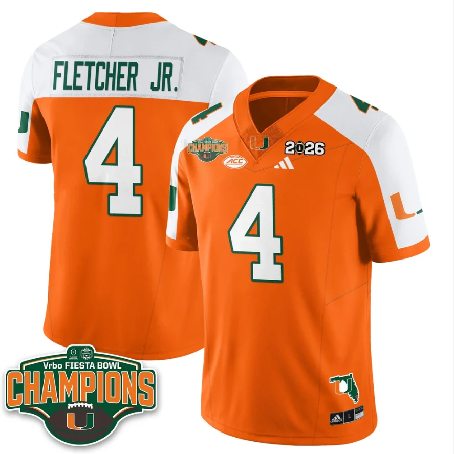Mark Fletcher Jr Jersey #4 Miami Hurricanes 2026 Fiesta Bowl Champions Stitched by My Store NCAA Football Jerseys